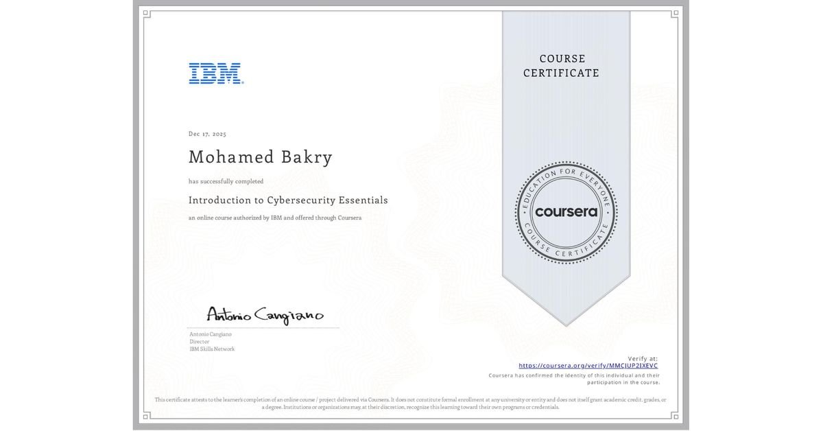 شهادة Introduction to Cybersecurity Essentials - IBM
